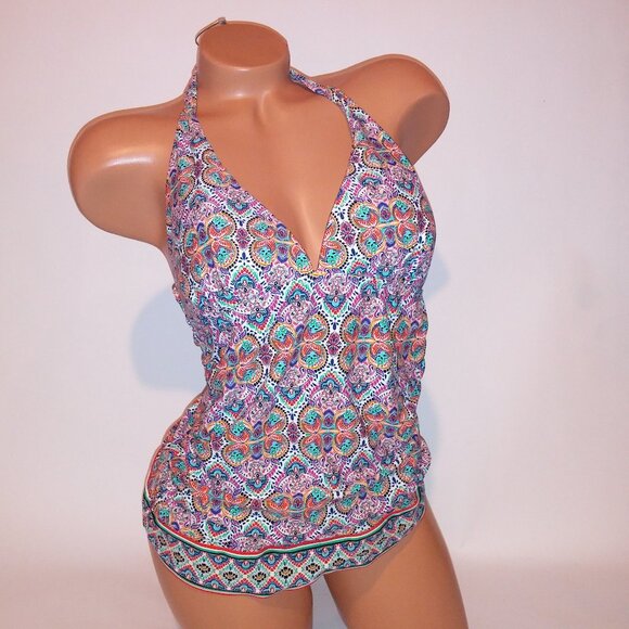 Chaps Swim Tankini Top Size 6 Blue Orange Halter Lightly Lined Wireless Preowned - Picture 1 of 9